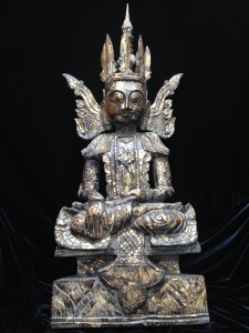 Hand Carved Wood Burmese Gautama Buddha with Gold Leaf Detail